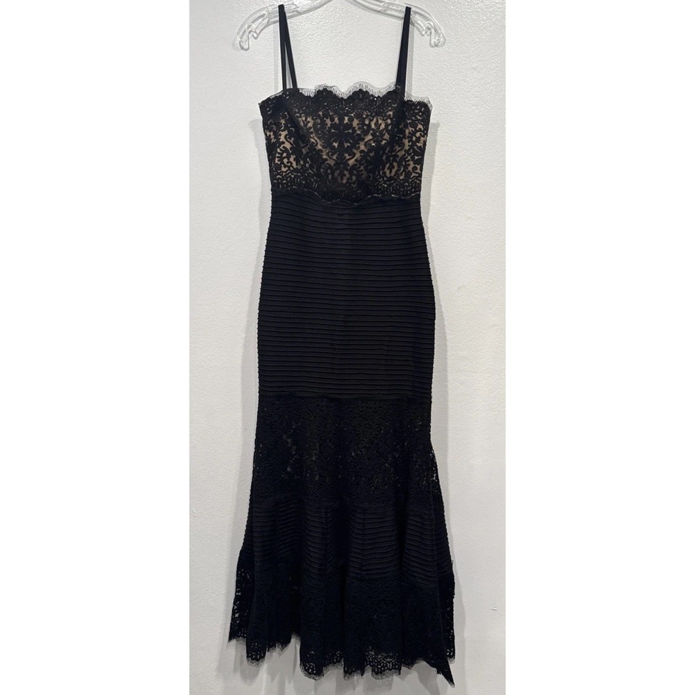Tadashi Shoji Black Lace Pintuck Dress Sheer Lace Gown Strapless Formal Small